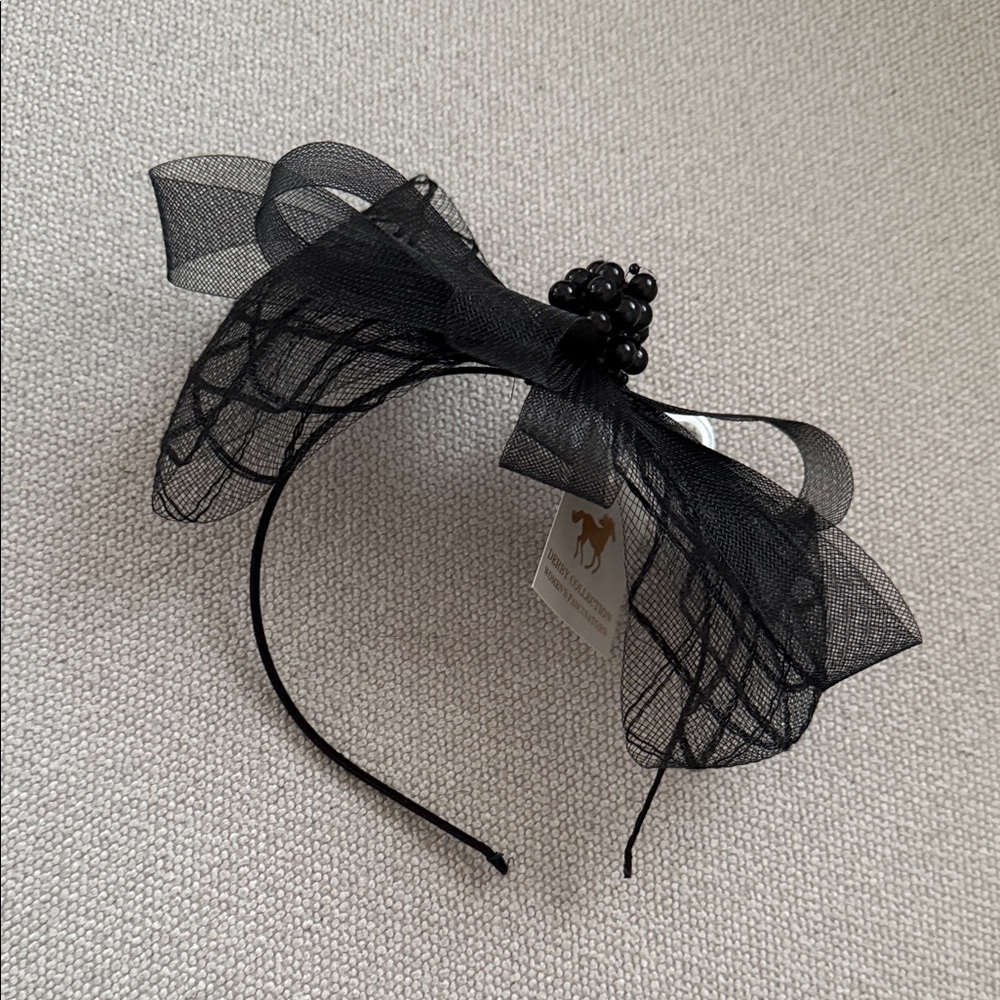 Black Mesh Bow Headband with Bead Accent - Women Accessories